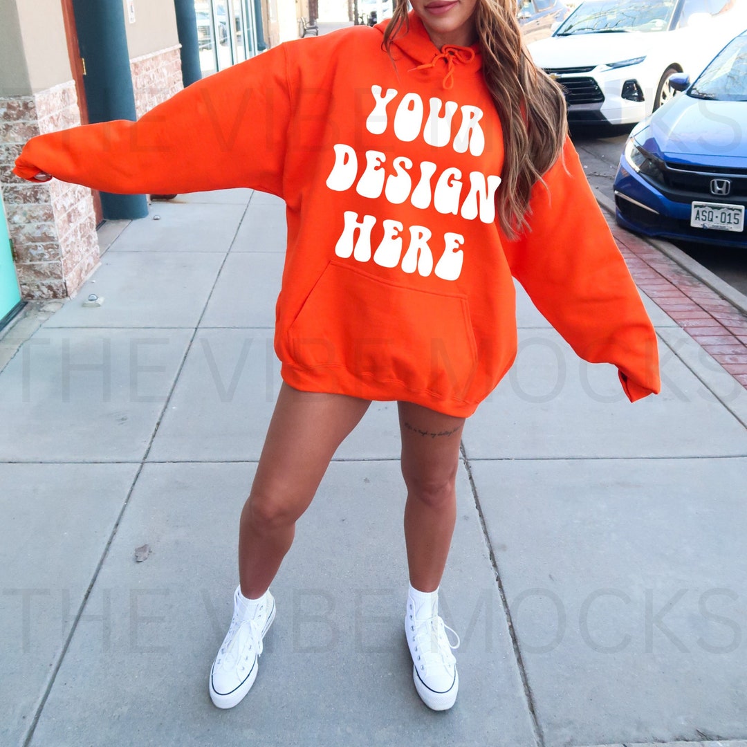 Gildan 18500 Safety Orange Hoodie Mockup Oversized Safety Orange Hoodie