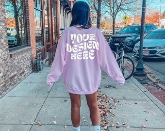 Gildan 18000 Light Pink Back Mockup Oversized Light Pink Hoodie Mockup Gildan Pink Crewneck Trendy Mock Outdoors Aesthetic Words on Back