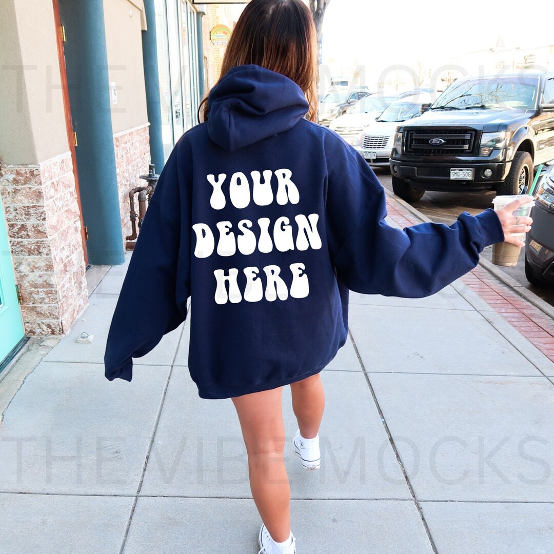＊新品タグ付き＊【UJOH】One Sholder SKT（Dark Navy) Gildan 18500 Navy Blue Back Mockup Oversized Navy Blue Hoodie