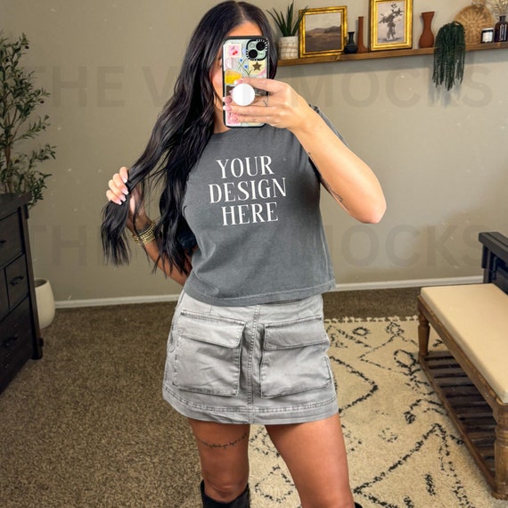 Comfort Colors 9018 Youth Pepper Mockup Cropped Pepper Tshirt Mockup Model Mockup Baby Tee Trendy Mock Pepper Colored Shirt Cropped Top Grey