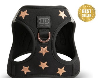 Ultra-Luxe No-Pull Step-In Dog Vest Harness - Embroidered ROCKSTAR Style, Leash, Poop Bag for Small Dogs and Puppies - Black with Rose Gold