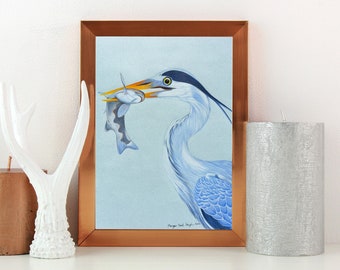 Great Blue Heron Art Print, Coastal Bird, Lake House Art, Beach House Decor, Bird Drawing, Wild bird Art