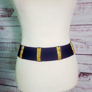 Vintage 80s Navy Blue Wide Stretch Waist Belt Gold Tone Statement Buckle 35\