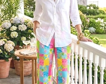 Pantalones tobilleros vintage Lilly Pulitzer con estampado floral y patchwork, talla 8, etiqueta blanca Palm Beach