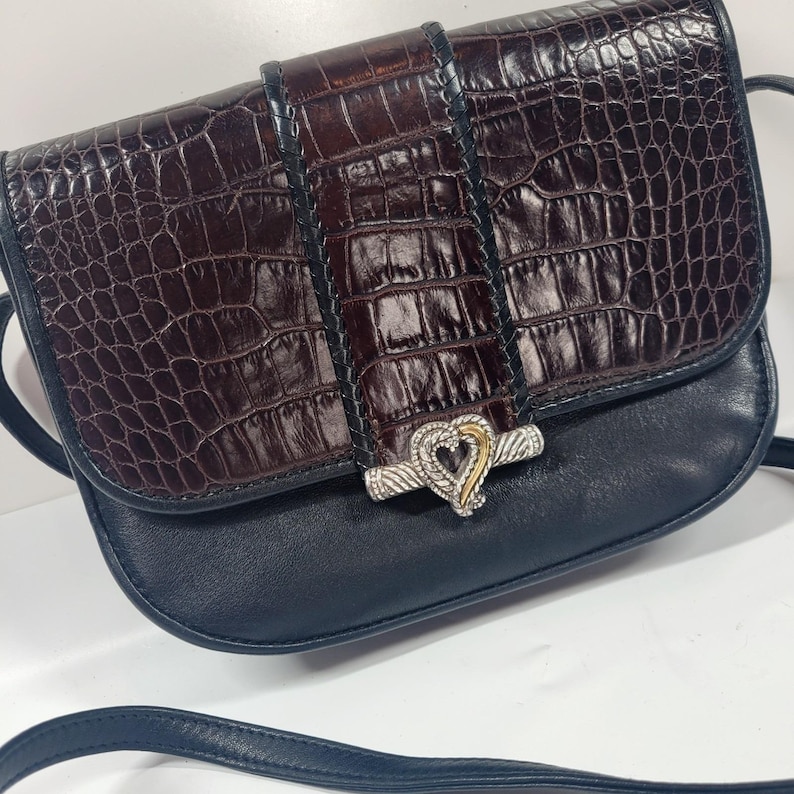 90s Brighton Black Leather Croc Embossed Crossbody Bag with Heart Clasp image 2