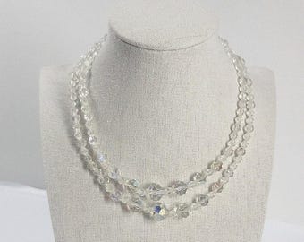 Collar vintage de los años 50 con dos hileras de cuentas de vidrio facetadas Aurora Boreal