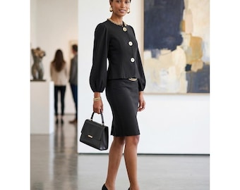 Vintage 90s Black Skirt Suit Gold Curb Link Chain Embellished Sz 10