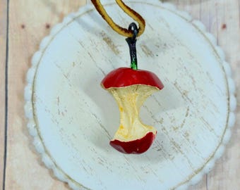 Vintage 1970s Apple Core Pendant Necklace Leather Cord, Retro 70s Kitschy Figural Fruit Food Jewelry, Whimsigoth Cottagecore Novelty Charm