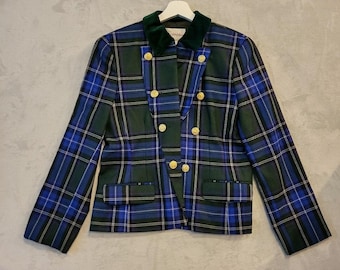Blazer de mujer vintage de lana a cuadros azules y verdes con cuello de terciopelo, talla 10.