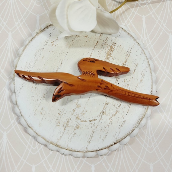 Vintage John Davis Bermuda Hand Carved Wooden Longtail Bird Pin Mid Century Coastal Tropical Brooch Artisan Carved Jewelry