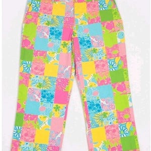Pantalones tobilleros vintage Lilly Pulitzer con estampado floral y patchwork, talla 8, etiqueta blanca Palm Beach imagen 2