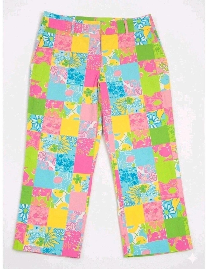 Pantalones tobilleros vintage Lilly Pulitzer con estampado floral y patchwork, talla 8, etiqueta blanca Palm Beach imagen 2