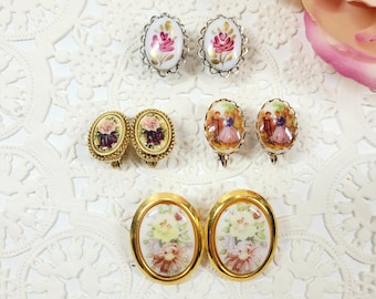 Lote de 4 pendientes de clip con estampado floral estilo cottagecore, estilo camafeo.