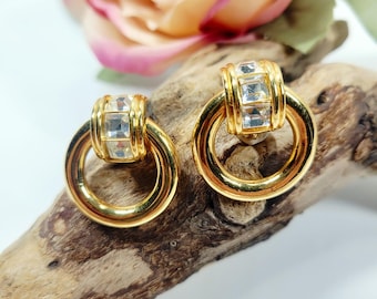 Auténticos pendientes Swarovski Pavé con forma de aldaba, chapados en oro, estilo vintage de los años 90.
