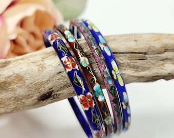 Pulseras vintage de esmalte cloisonné de los años 70, apilables, multicolor, estilo bohemio hippie.