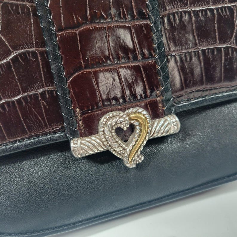 90s Brighton Black Leather Croc Embossed Crossbody Bag with Heart Clasp image 3