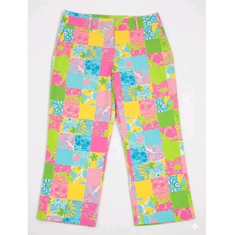 Pantalones tobilleros vintage Lilly Pulitzer con estampado floral y patchwork, talla 8, etiqueta blanca Palm Beach imagen 7