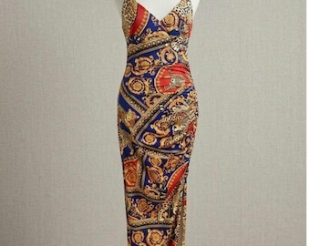Vestido largo ajustado con fruncido y estampado barroco de leopardo estilo vintage de los 90, talla grande.