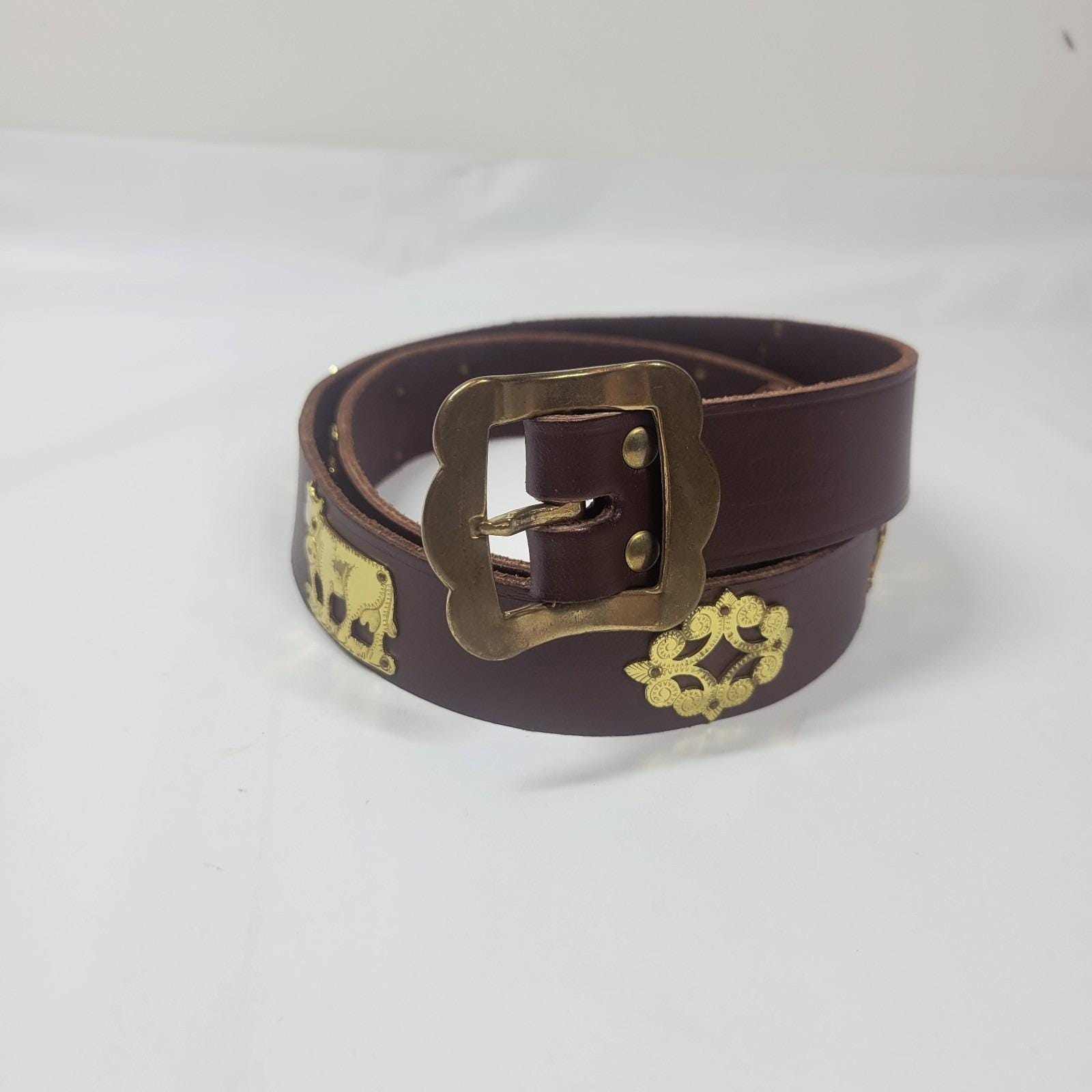 Vintage White Leather Belt Brass Cow Herder Swiss Folk Art Cottagecore 33 Inch Swiss Folk Belt - Etsy main image 4