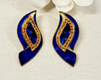 VTG BEREBI 22k GP Blue Enamel Faux Sapphire Statement Earrings