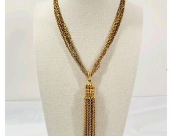 Vintage Crown Trifari Sautoir Tassel Gold Tone Necklace Multi Strand Mid Century
