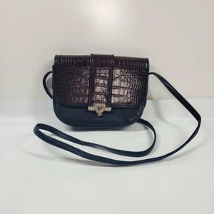 90s Brighton Black Leather Croc Embossed Crossbody Bag with Heart Clasp image 1