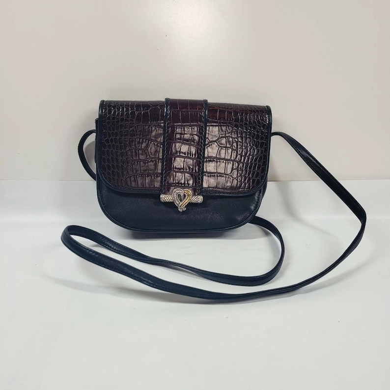 90s Brighton Black Leather Croc Embossed Crossbody Bag with Heart Clasp image 1