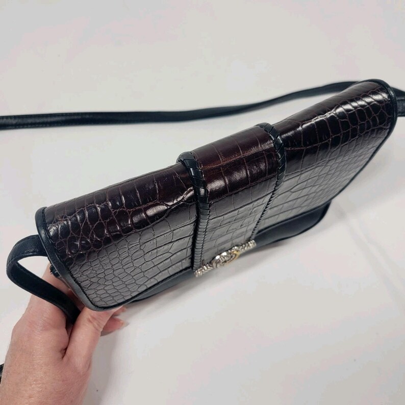 90s Brighton Black Leather Croc Embossed Crossbody Bag with Heart Clasp image 11