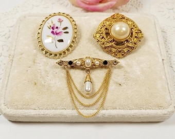 Conjunto de broches vintage GrannyCore de perlas y flores, 3 piezas, estilo victoriano.