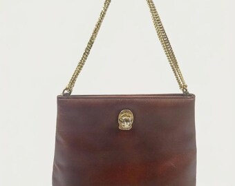 Vintage Ruth Saltz Brown Leather Gold Chain Strap Tigers Head Bag