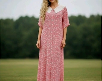 Vestido vintage rosa floral de los 90 con encaje y cuentas - Cuello / Estilo cottagecore romántico talla 18