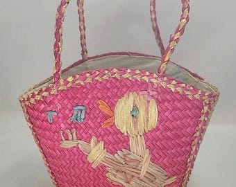 Bolso de Pascua infantil vintage de paja tejida rosa de los años 60 con forro de pollito y pato.