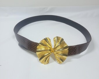 Cinturón vintage de los 80 de Gay Boyer Gold EP con textura de hoja de ginkgo, estilo pasarela, 37".