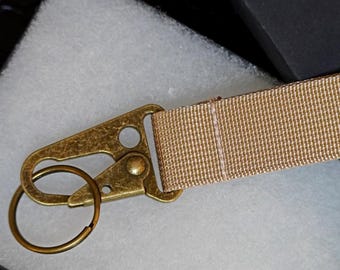 Antike Messing Handschlaufe Schlüsselanhänger, Vintage Tan Lanyard, Clip-on Schlüsselanhänger