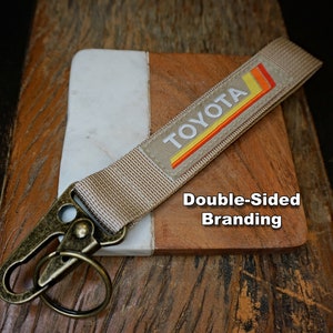 Vintage Tan Heritage Stripes Toyota Keychain Lanyard, Antique Brass Metal Clip Accessory