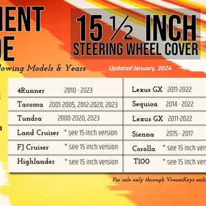May include: A chart listing Toyota and Lexus vehicle models and years that fit a 15 1/2 inch steering wheel cover. The chart is yellow and orange with black text. The text "Before You Buy" is in a red box. The text "Updated January, 2024" is in the top right corner.