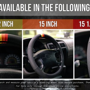 May include: Three steering wheel covers in different sizes: 14 1/2 inches, 15 inches, and 15 1/2 inches. The covers are black with a perforated texture and a red, yellow, and red stripe. The text "NOW AVAILABLE IN THE FOLLOWING SIZES" is at the top of the image. The text "Please research and measure your vehicle's steering wheel size before purchase, Thank You!" is at the bottom of the image. The text "For Sale only through Vroomkeys online storefronts." is at the bottom of the image. The text "URDUMKEYS" is at the bottom right of the image.
