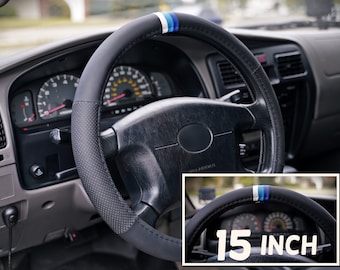 Blue Retro Stripes Steering Wheel Cover 15 Inch for Toyota TRD, Leather