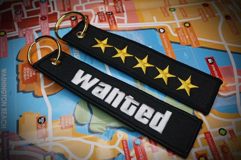 GTA Wanted Level Keychain Key Tag 5 Stars Embroidered Gold image 1