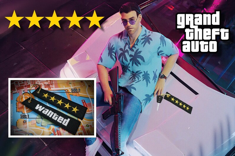 GTA Wanted Level Keychain Key Tag 5 Stars Embroidered Gold image 2
