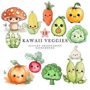 Acuarela Kawaii Clipart Kawaii Vegetal Clipart Descarga Instantánea Linda Veggie Calabaza Maíz Brócoli Champiñones Zanahoria Pimiento Aguacate