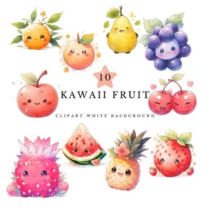 Aquarell Kawaii Obst Clipart Kawaii Sommer Obst Clipart Sofort Download süße Sommer Obst Erdbeere Apfel Ananas Kirsche Wassermelone