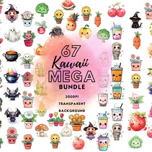 Clipart de frutas kawaii aquarela clipart de frutas de verão kawaii download instantâneo frutas de verão fofas morango maçã abacaxi cereja melancia