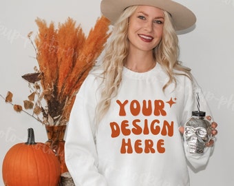 White Gildan 18000 Mockup - Gildan 18000 Mockup White, Gildan 18000 Mockup, Sweatshirt Model Mockup, Fall Mockup, Halloween Mockup