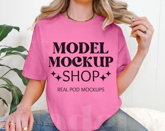 Gildan 5000 Azalea T-shirt Mockup, Oversized Tee Shirt, Real Model Mock, Simple Styled Trendy Casual Aesthetic Pink Shirt Mock
