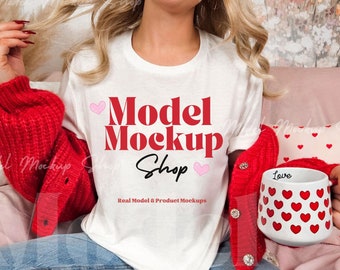 Maqueta de camiseta de San Valentín Bella Canvas 3001, maqueta de camiseta blanca de San Valentín BC3001, maqueta de modelo real, maqueta de camiseta blanca estética de San Valentín