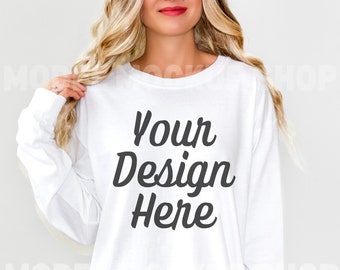 Comfort Colors C6014 Longsleeve White Shirt Mockup | CC6014 White Tshirt | Oversized Mockup | Long-Sleeve Model Mockup | Cozy Boho Aesthetic