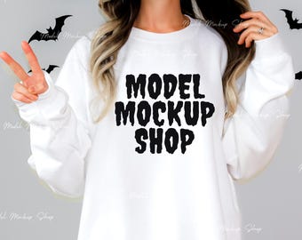 Maqueta de sudadera blanca Comfort Colors 1566, Halloween otoño (descarga JPEG)