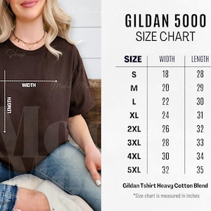 Tabla de tallas de Gildan 5000, tabla de tallas unisex G5000, guía de tallas de Gildan, maqueta de Gildan 5000, modelo de persona real