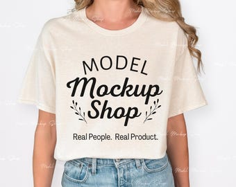 Gildan 5000 Natural Mockup, Natural t-shirt Mockup, Oversized Tee Shirt, Real Model Mock, Simple Trendy Casual Natural Shirt Mock